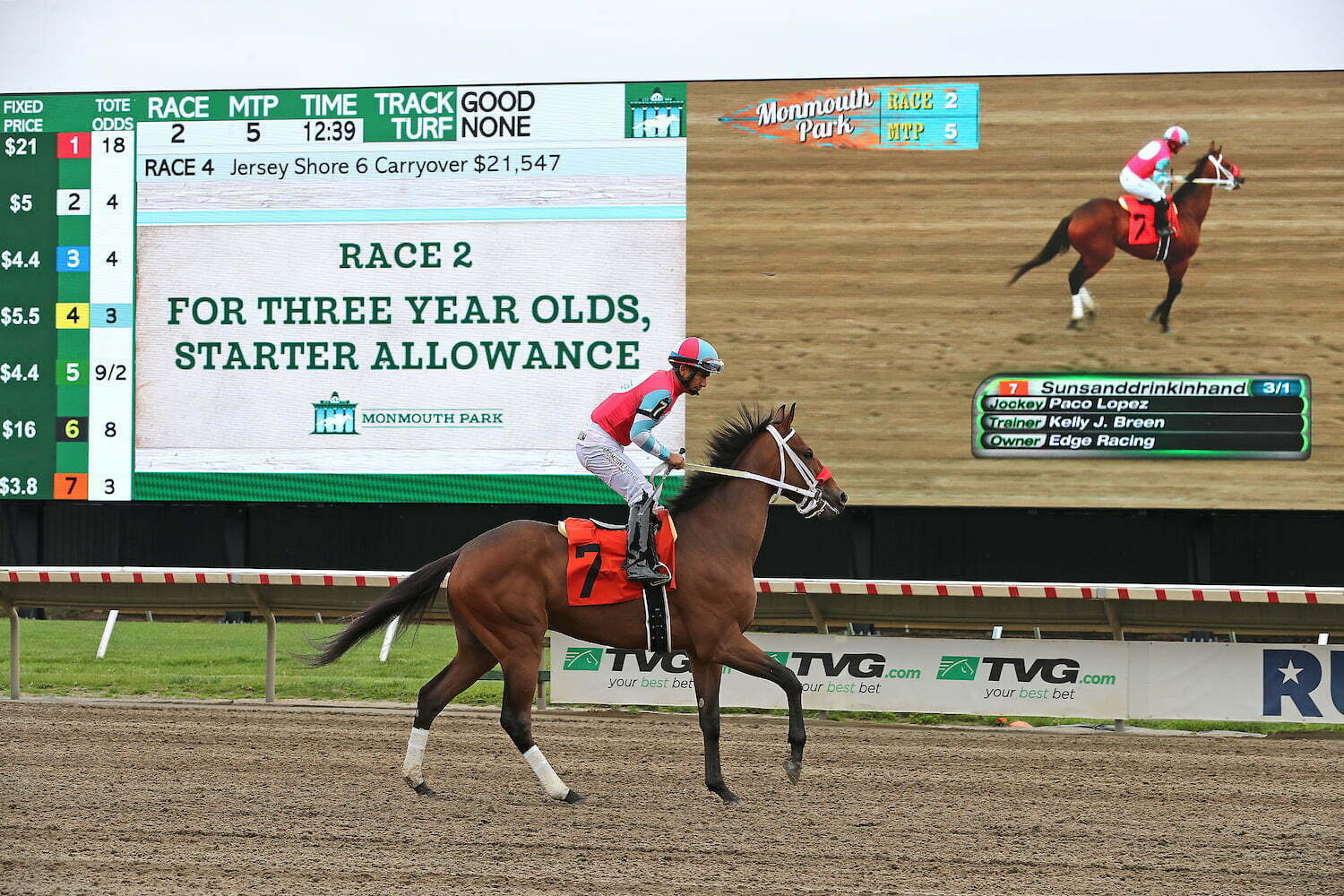 New BetMakers infield tote board at Monmouth Park Racetrack in Oceanport, NJ